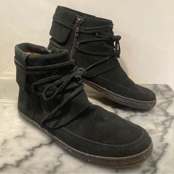 UGG Reid Black Suede Moccasin Booties Women's 8 Narrow Ankle Zip Up Boot - Picture 11 of 14